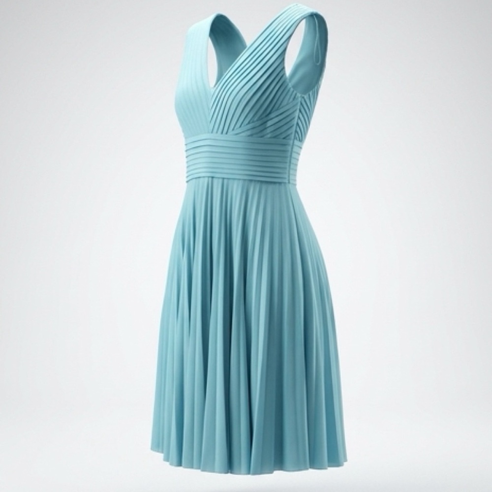 Adrianna Papell Banded-Bodice Aqua V-Neck Pleated Midi Jersey Dress Size 8